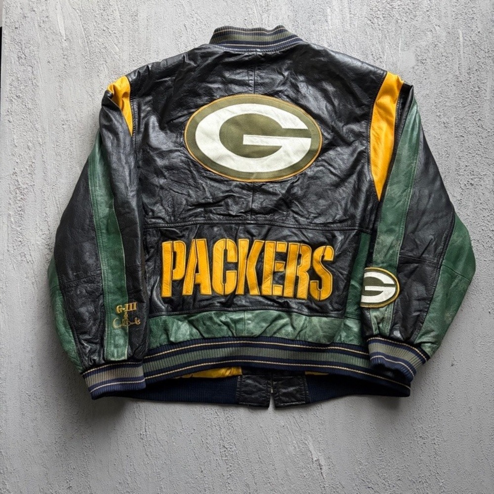 Vintage Green Bay Packers Jacket XXL Black 1990s Leather Varsity Carl Banks